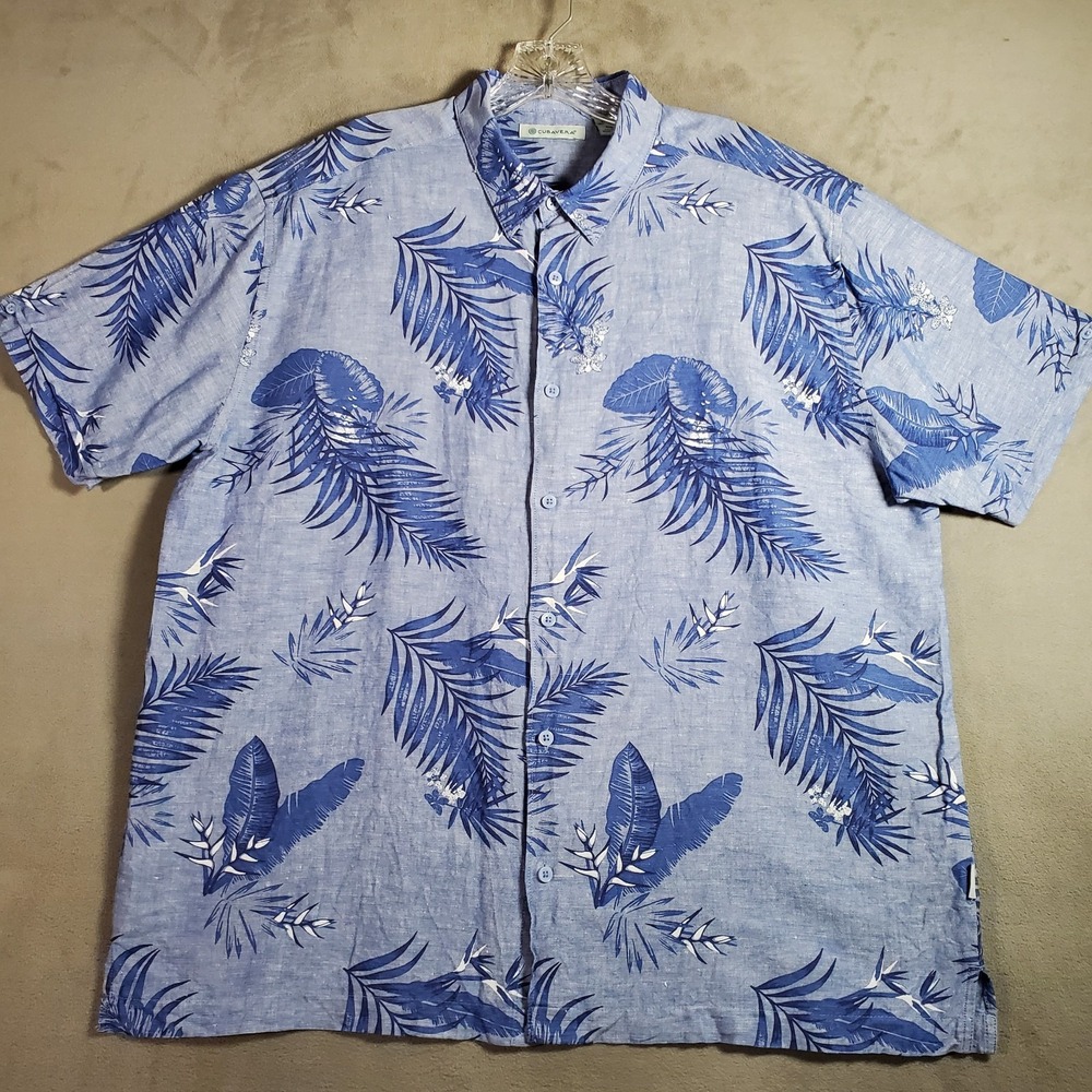 Cubavera Hawaiian Shirt Mens XL Blue Linen Blend Palm Print Short Sleeve Camp‎